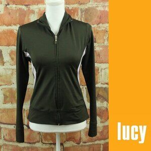 LUCY Active Track Jacket Womens XS Brown Pink Stripe Full Zip Mock Neck Pockets